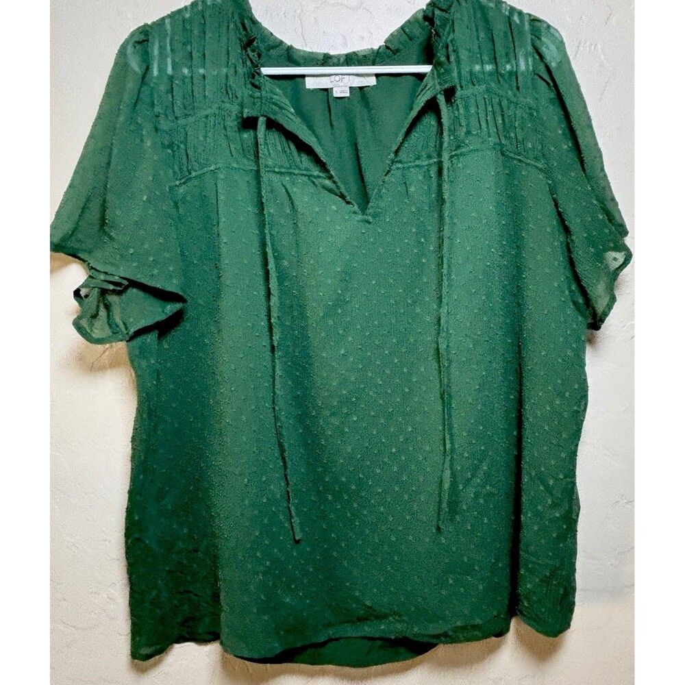 LOFT Womens L Green Swiss Dot Blouse Tie Neck Flutter Sleeve Boho Top